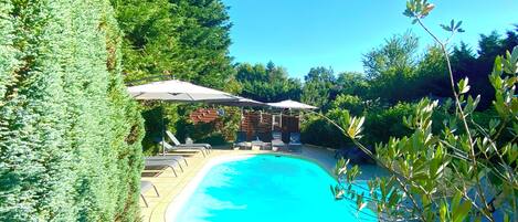 حمّام سباحة خارجي موسمي، مفتوح من 10 صباحاً إلى 8:00 مساءً، مقاعد للتشمس