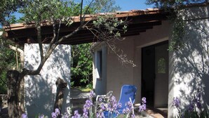 A covered outdoor seating area with a pergola, a blue chair, and purple flowers. - Holiday home on a quiet, shady, private property (Arles)