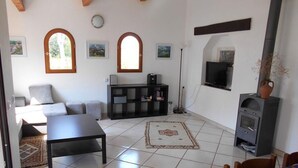 A living room with a sofa, a coffee table, a fireplace, and a television. - Holiday home on a quiet, shady, private property (Arles)
