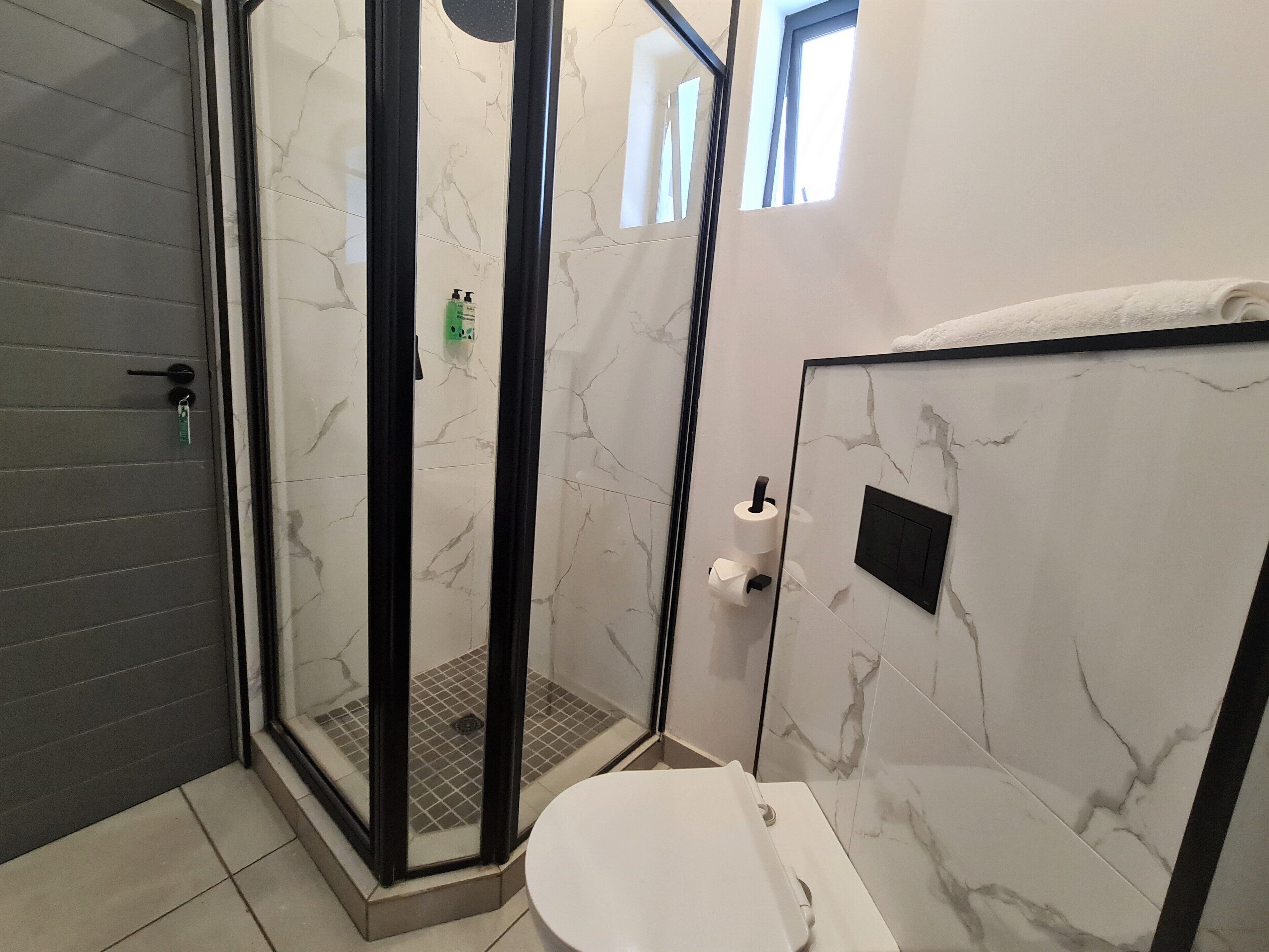 Un baño con ducha de vidrio, inodoro y lavamanos.