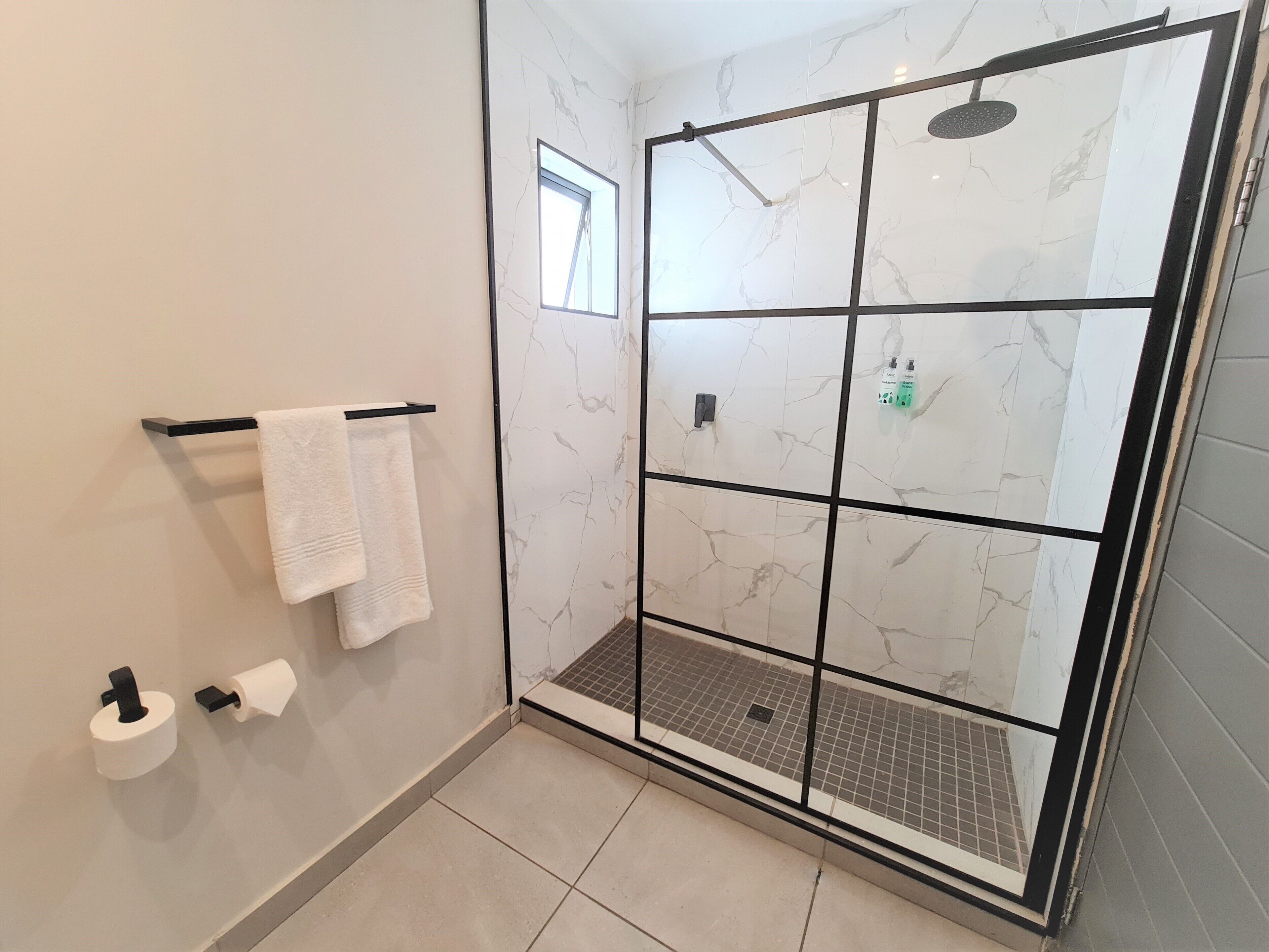 A modern bathroom with a glass shower enclosure, a towel rack with two towels, and a toilet paper holder.