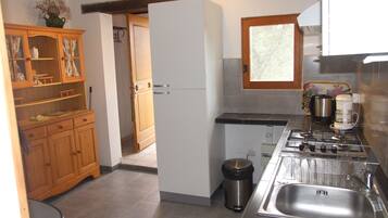 Een koelkast, een oven, een kookplaat, een koffiezetapparaat/waterkoker