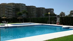 A swimming pool with a white border, surrounded by a hedge and palm trees.