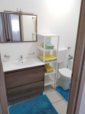 Douche, sèche-cheveux, serviettes fournies, savon