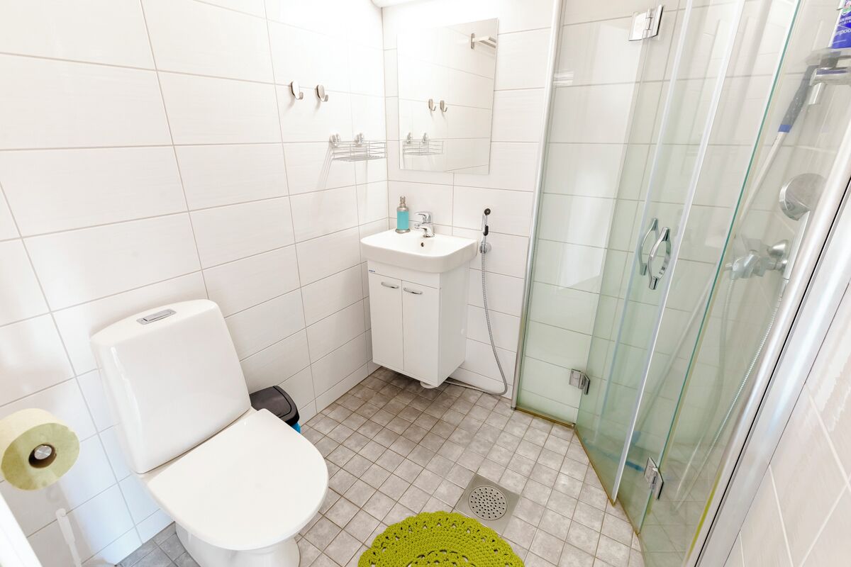 A bathroom with a toilet, sink, mirror, shower, and a green mat.