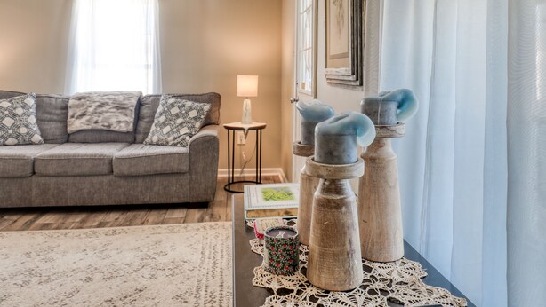 A cozy living room with a grey sofa, patterned cushions, a small side table with a lamp, and decorative vases. - Country cottage beside stocked pond on 40 acres and Blue ridge Mountain View (Front Royal)
