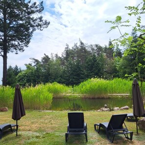 Outdoor pool, pool umbrellas, pool loungers