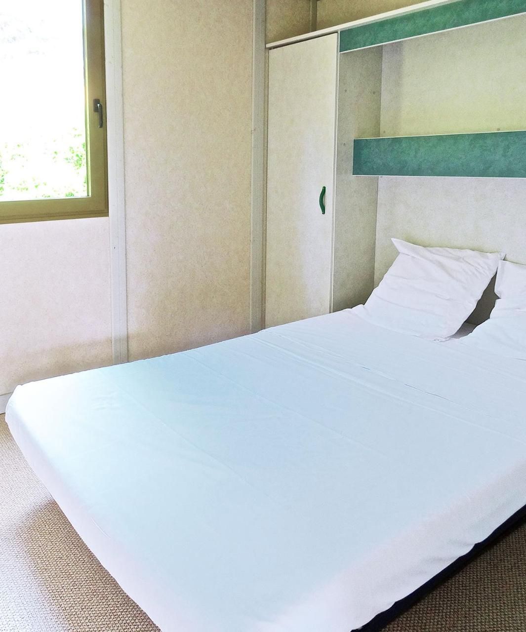 A single-bed room with a bunk bed above, a window, and a door.