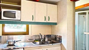 Une cuisine compacte équipée d’un four à micro-ondes, d’un évier et d’une petite cuisinière.