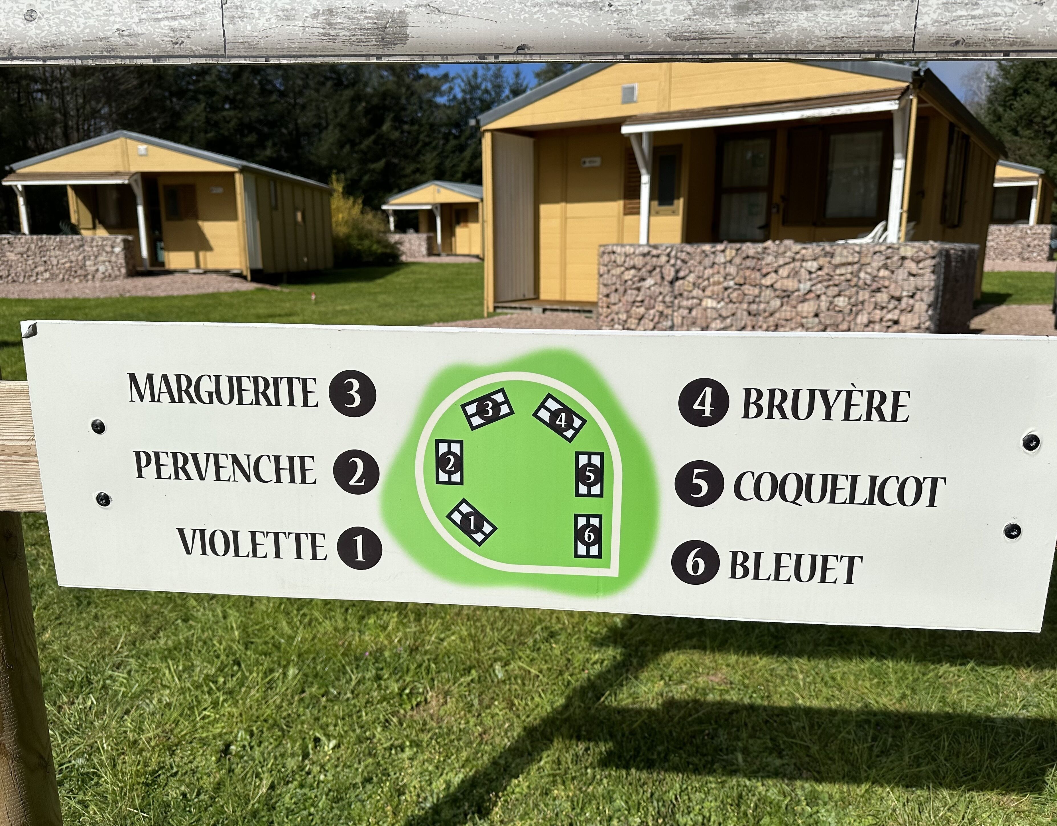 A directional sign with numbered sections for different areas: Marguerite, Pervenche, Violette, Bruyère, Coquelicot, and Bleuet.