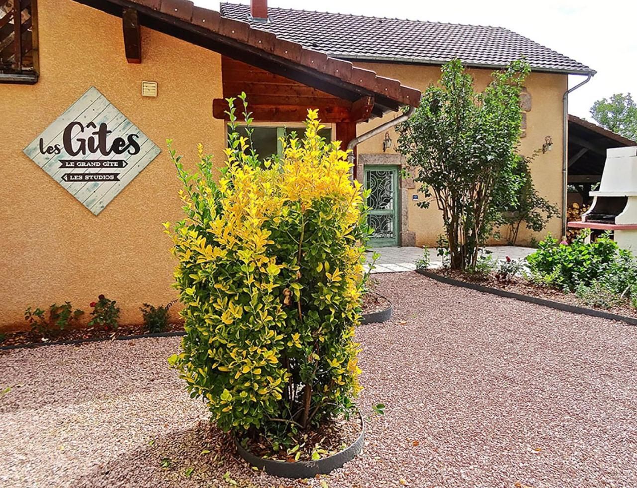 A building with a sign reading 'les Gites Le Grand Gite Les Studios' and a well-maintained garden with a large bush and gravel pathway.