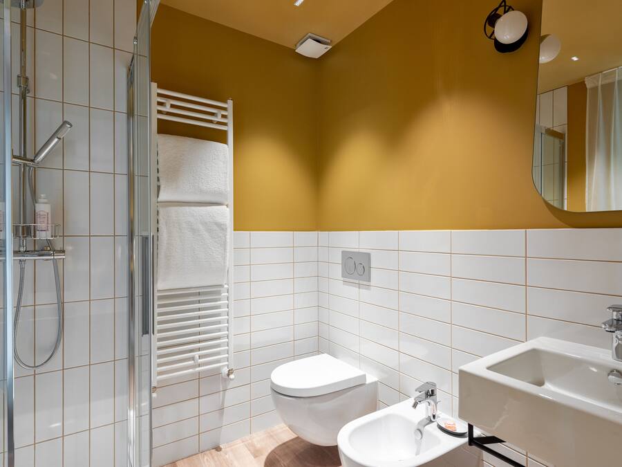 A modern bathroom with a glass shower enclosure, a white toilet, and a sink with a mirror above it.