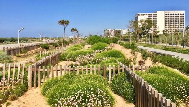 A landscaped garden with neatly trimmed hedges and a wooden fence. In the background, there is a large hotel building with multiple floors.