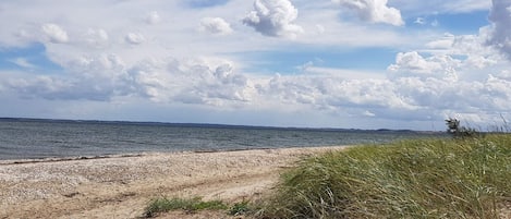 A beach with a pebbly shore, grassy dunes, and a calm sea under a partly cloudy sky.