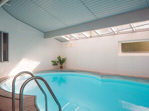 Una piscina interior con agua cristalina azul, una terraza de madera y una planta en maceta.