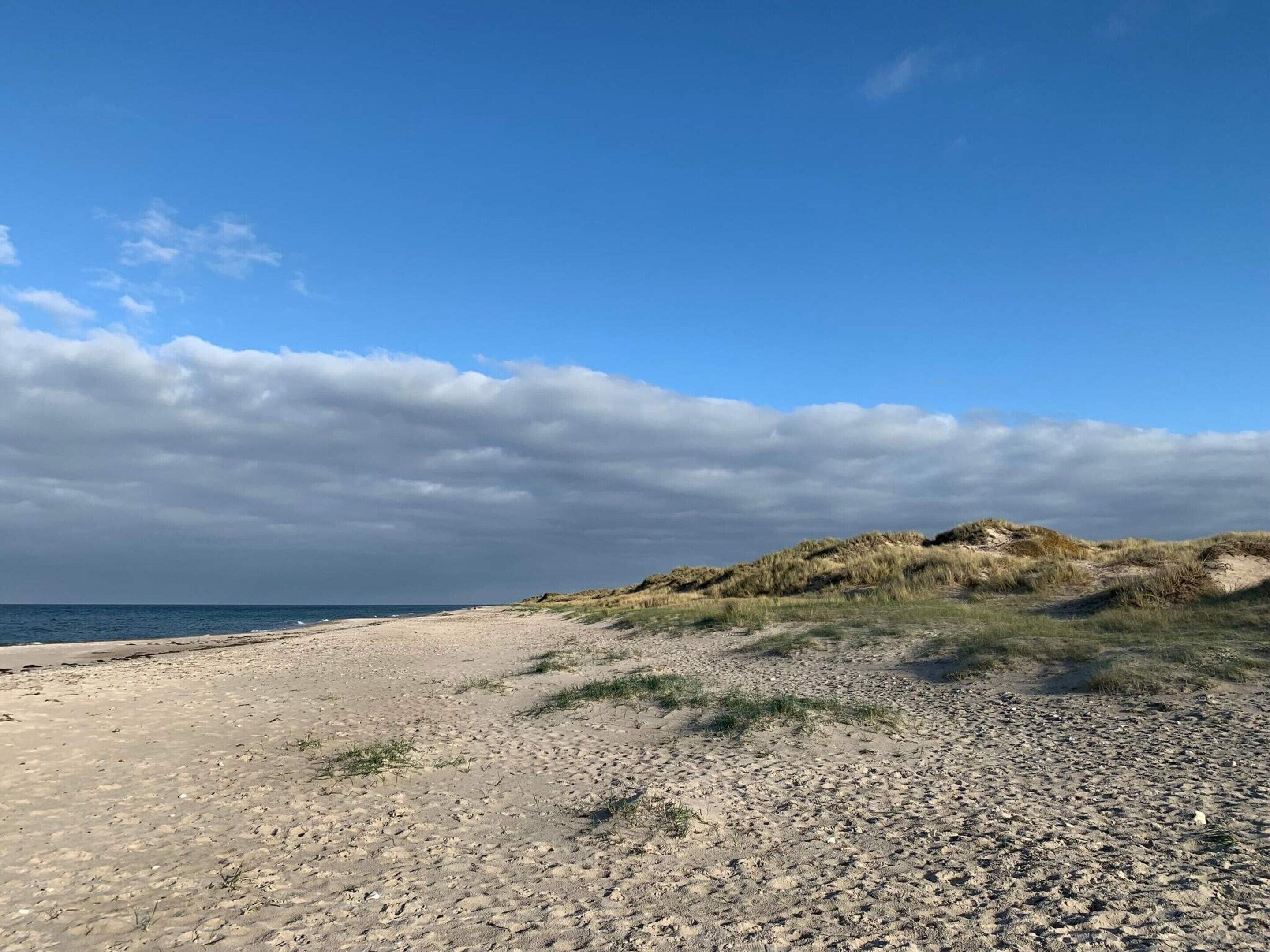 Uma praia com dunas de areia e céu claro.