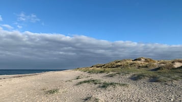 Uma praia com dunas de areia e céu claro.