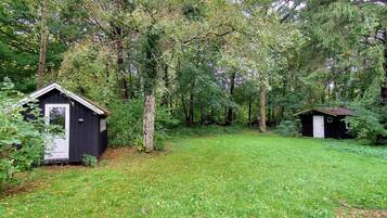 A secluded cabin surrounded by dense forest, with a grassy clearing in front.