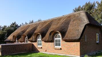 A traditional brick building with a thatched roof and arched windows.