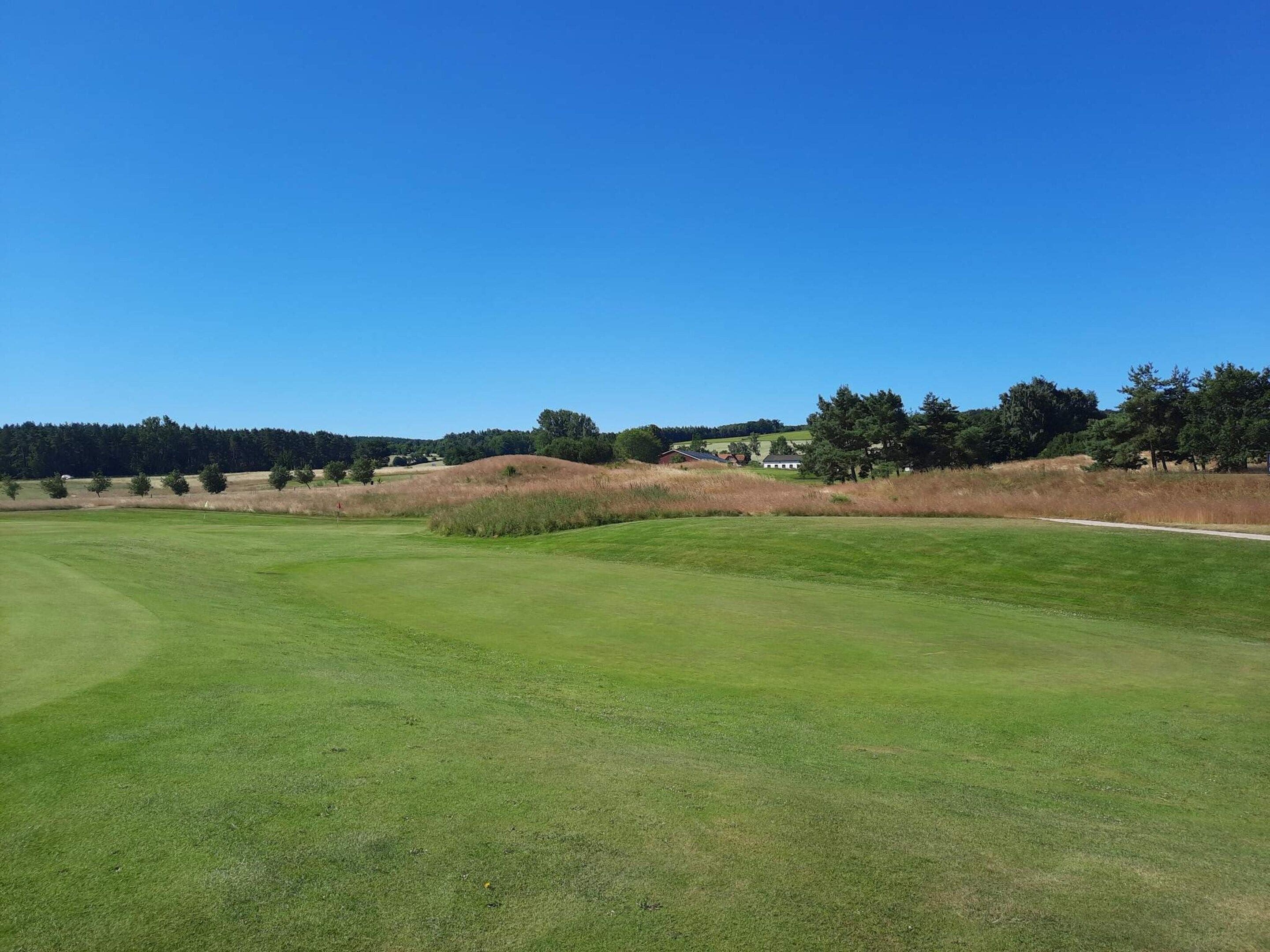 Un campo de golf con cielo despejado, césped cuidado y árboles en el fondo.