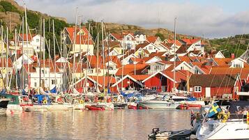 A harbor with boats and buildings.