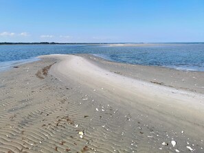 A beach with sand, water, and distant land.