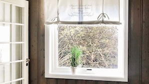 Ein Fenster mit weißem Rahmen, eine Topfpflanze im Inneren und eine Ansicht auf kahle Äste vor der Scheibe.