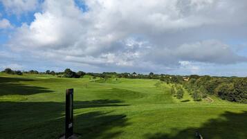 Un campo de golf con una bandera al frente, rodeado de césped verde y árboles bajo un cielo parcialmente nublado.