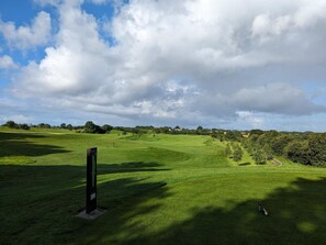 A golf course with a flagstick in the foreground, surrounded by lush green grass and trees under a partly cloudy sky. - 4 Star Holiday Home in Aabenraa (Aabenraa)