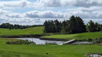 A golf course with a pond, a wooden bridge, and trees in the background.