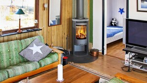 Un salon chaleureux avec un canapé, une table, un téléviseur et un poêle à bois.