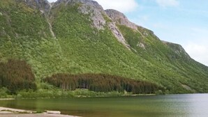A lake with a forested mountain in the background. - 6 Person Holiday Home in Engavagen (Meloy)