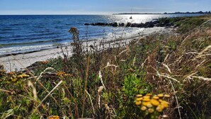 A coastal landscape with a sandy beach, rocky outcrops, and dense vegetation.