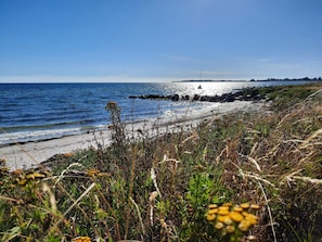 A coastal landscape with a sandy beach, rocky outcrops, and dense vegetation. - 4 Star Holiday Home in Rude (Bisserup)