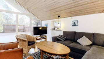 Ein gemütliches Wohnzimmer mit Fernseher, Sofa und Korbsessel.