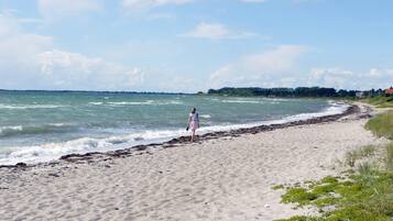 A beach with a person walking along the shore, waves crashing onto the sand, and wind turbines in the distance.