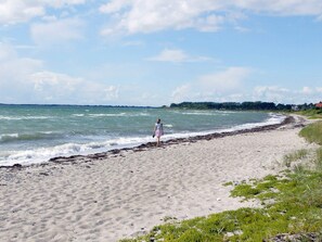 A beach with a person walking along the shore, waves crashing onto the sand, and wind turbines in the distance.