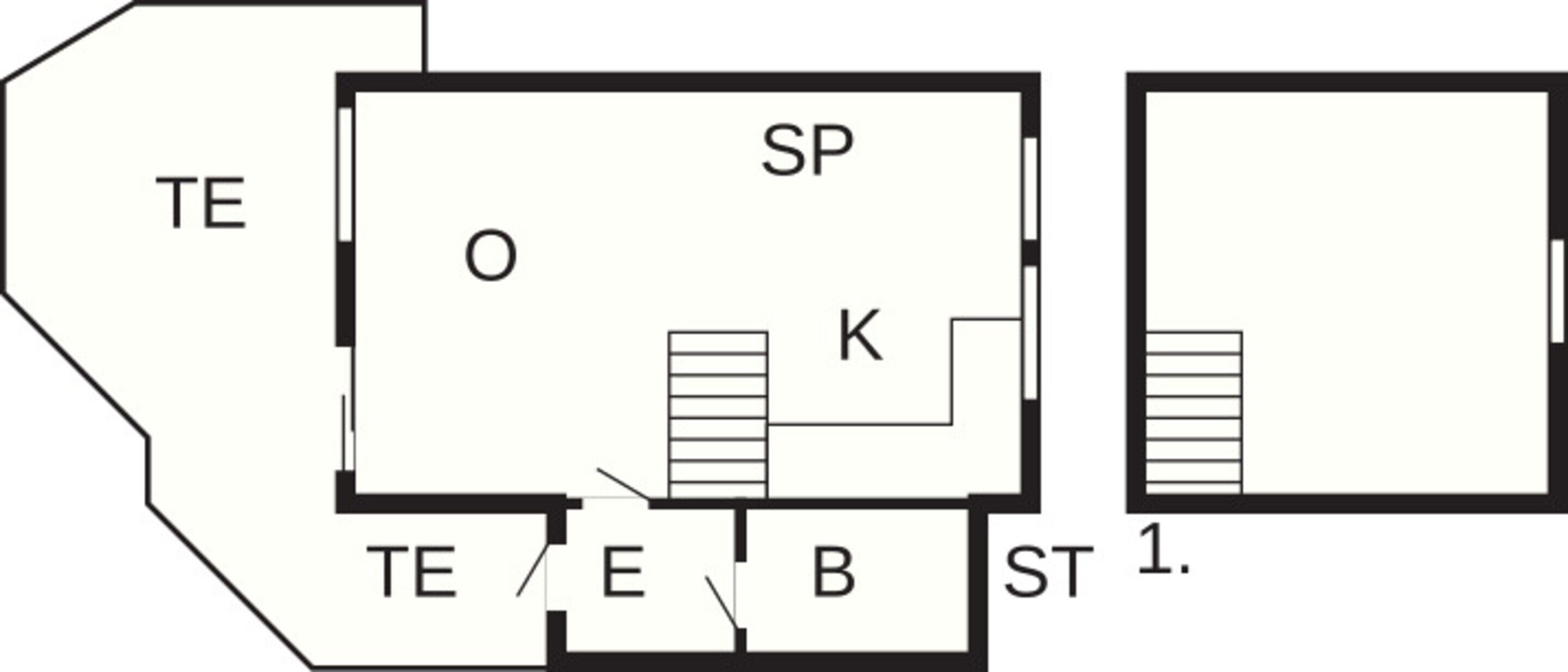 A floor plan with labeled rooms: TE, SP, O, K, E, B, and ST 1.