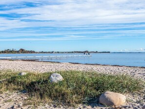 A beach with a pier extending into the water, sandy shore, and grassy areas. - 4 Star Holiday Home in Bjert (Bjert)