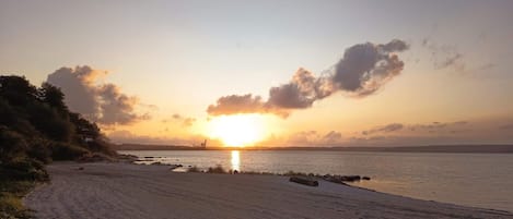 Una playa con un atardecer, cielo despejado y agua tranquila.