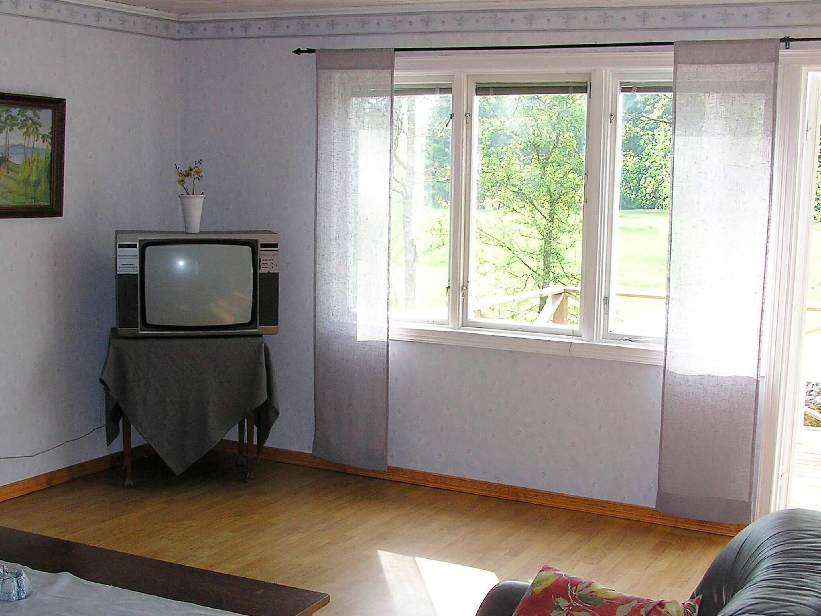 A room with a television on a table, a window with curtains, and a view of greenery outside.