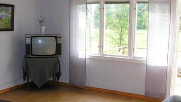 A room with a television on a table, a window with curtains, and a view of greenery outside.
