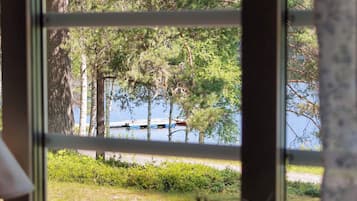 A view through a window with a metal frame, displaying a lake, trees, and a dock.