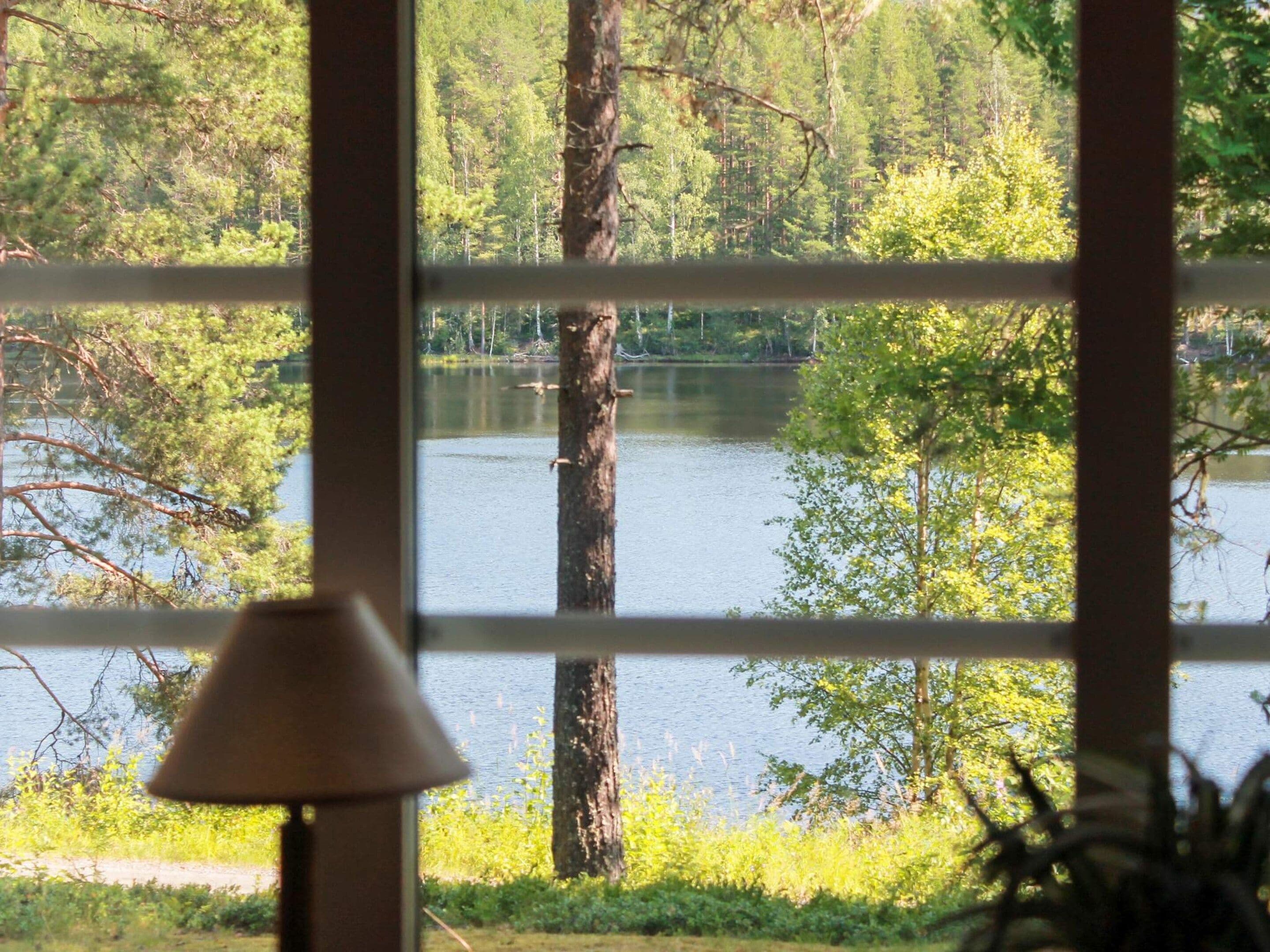 Una ventana con vistas a un lago rodeado de árboles.
