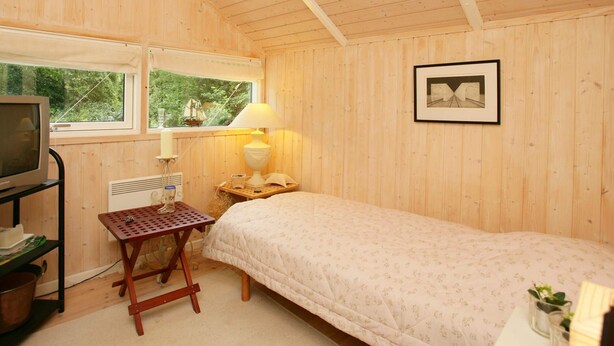 Een houten kamer met een bed, een televisie, een tafel en een raam met uitzicht op groen.
