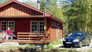 Una cabaña de madera con techo rojo, una antena parabólica y un coche estacionado al frente.
