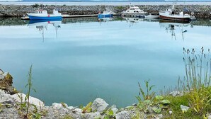Ein ruhiger Hafen mit mehreren vertäuten Booten, umgeben von felsigem Gelände und spärlicher Vegetation.