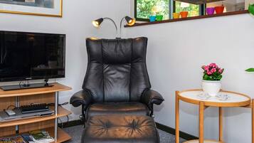 A modern living room with a leather recliner, a flat-screen TV, a small table with a potted plant, and a shelf with colorful cups.