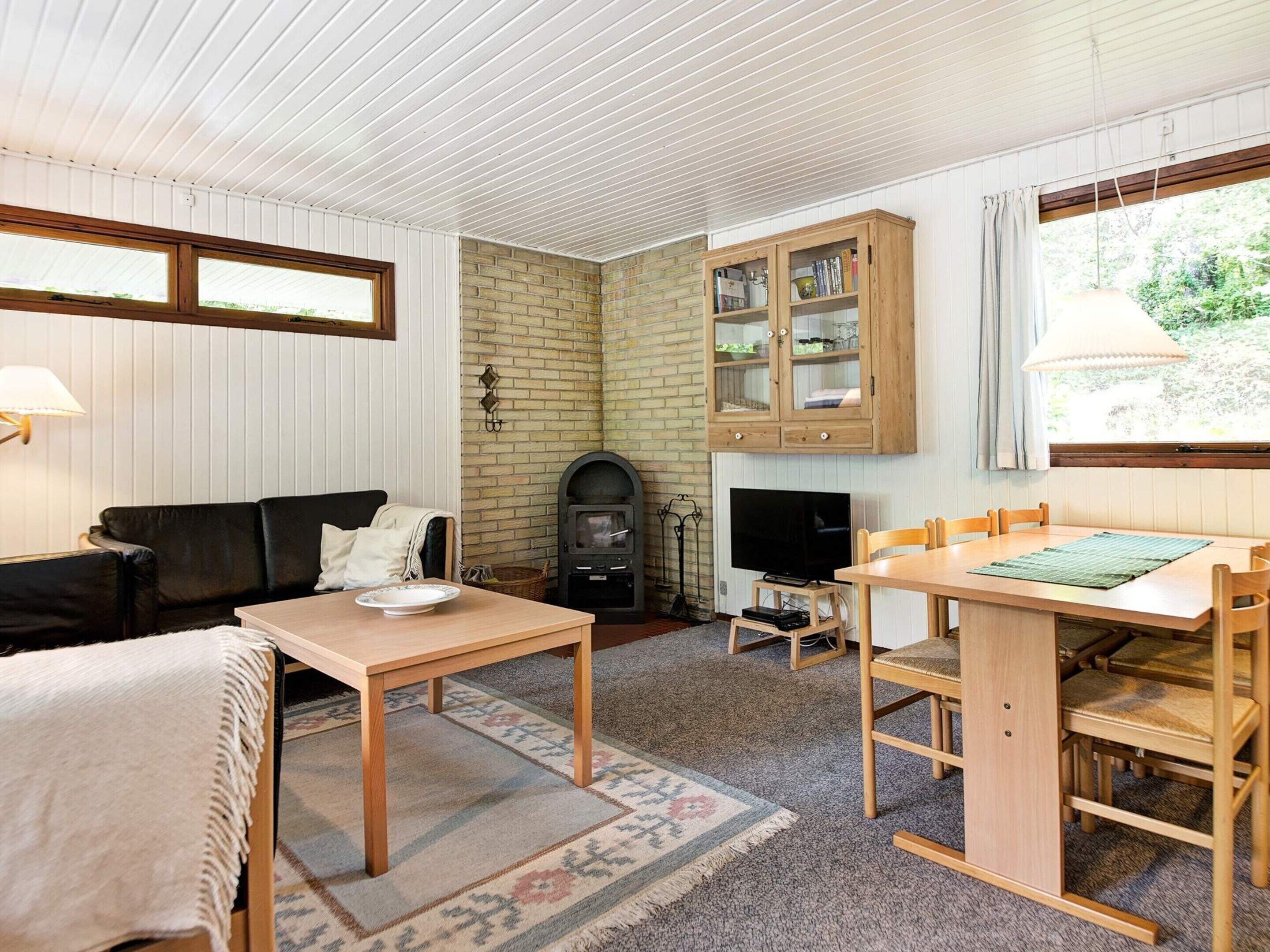 A cozy living room with a fireplace, a television, a dining table, and a sofa.