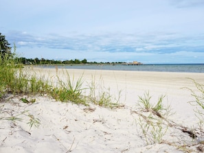 A beach with sand and sparse vegetation. - 6 Person Holiday Home in Kopingsvik (Kopingsvik)
